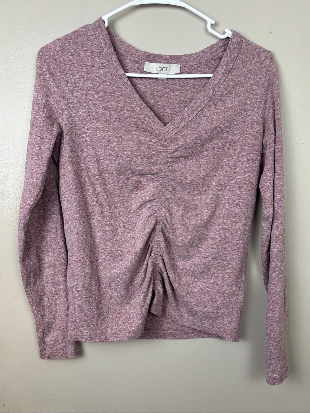 LOFT Mauve Heather Ruched V-Neck Long Sleeve Top